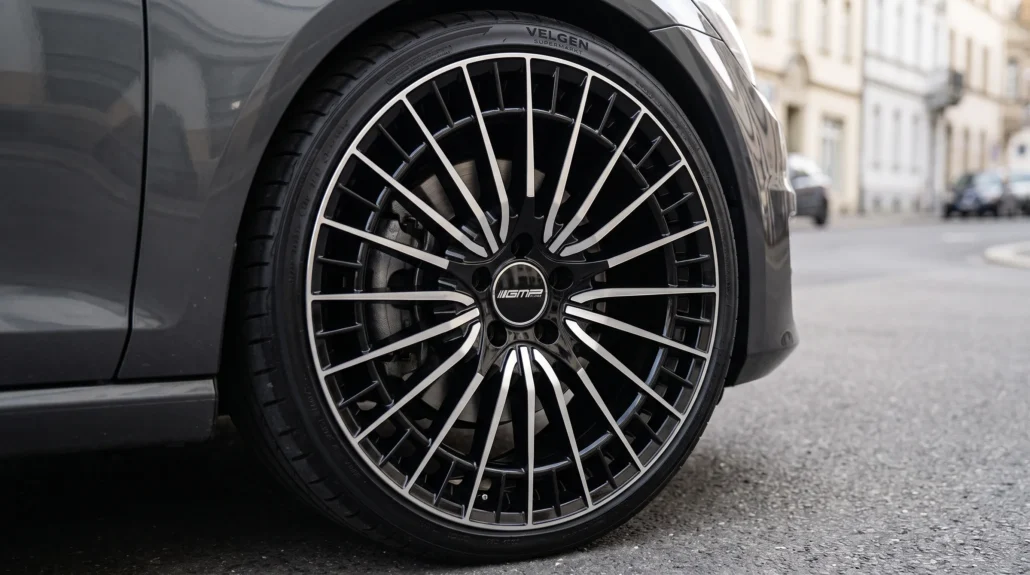 Close-up van een GMP-velg op een auto laat de spaakvorm, afwerking en pasvorm bij de wielkast zien.