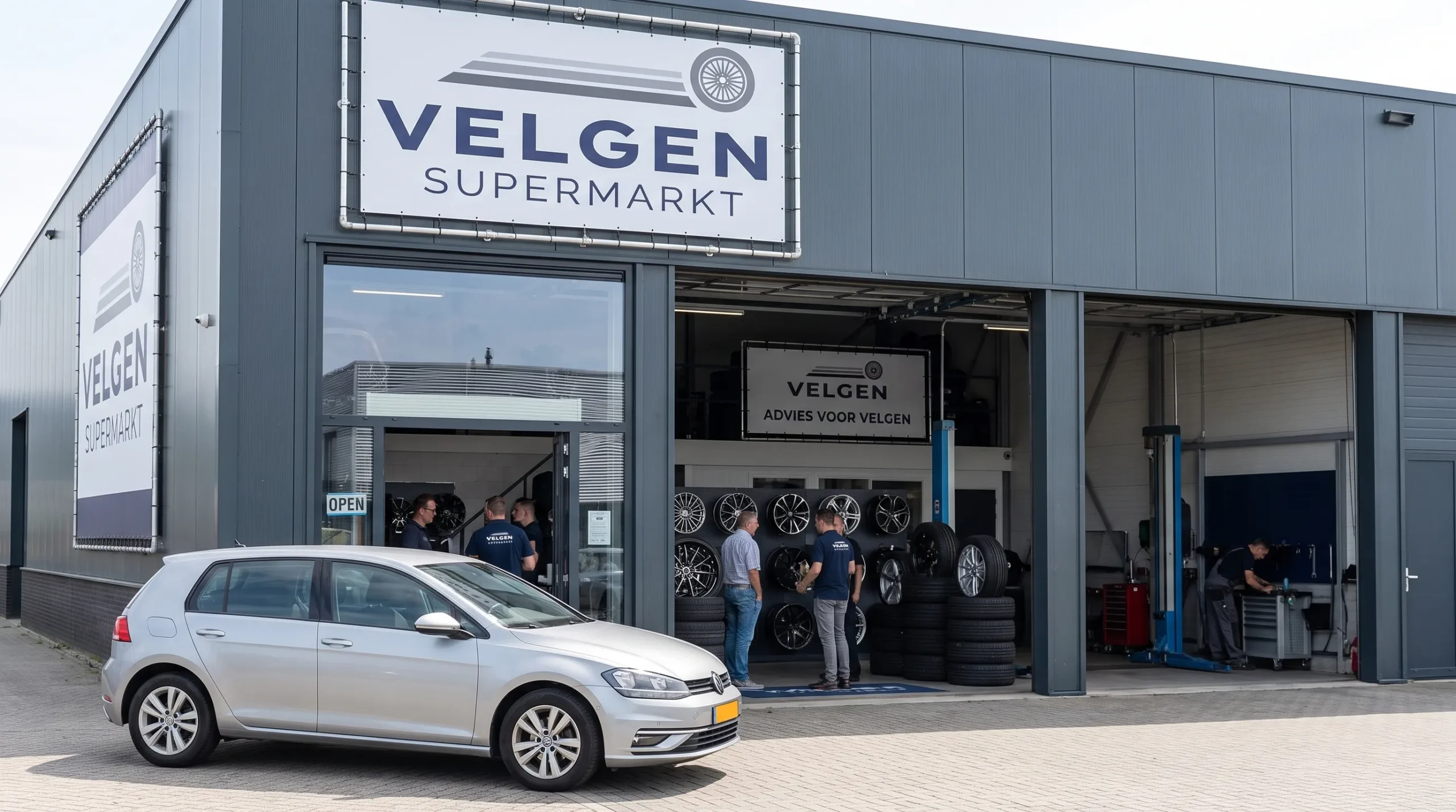 De gevel van een velgenspecialist met een auto ervoor en wielsets zichtbaar bij de ingang.
