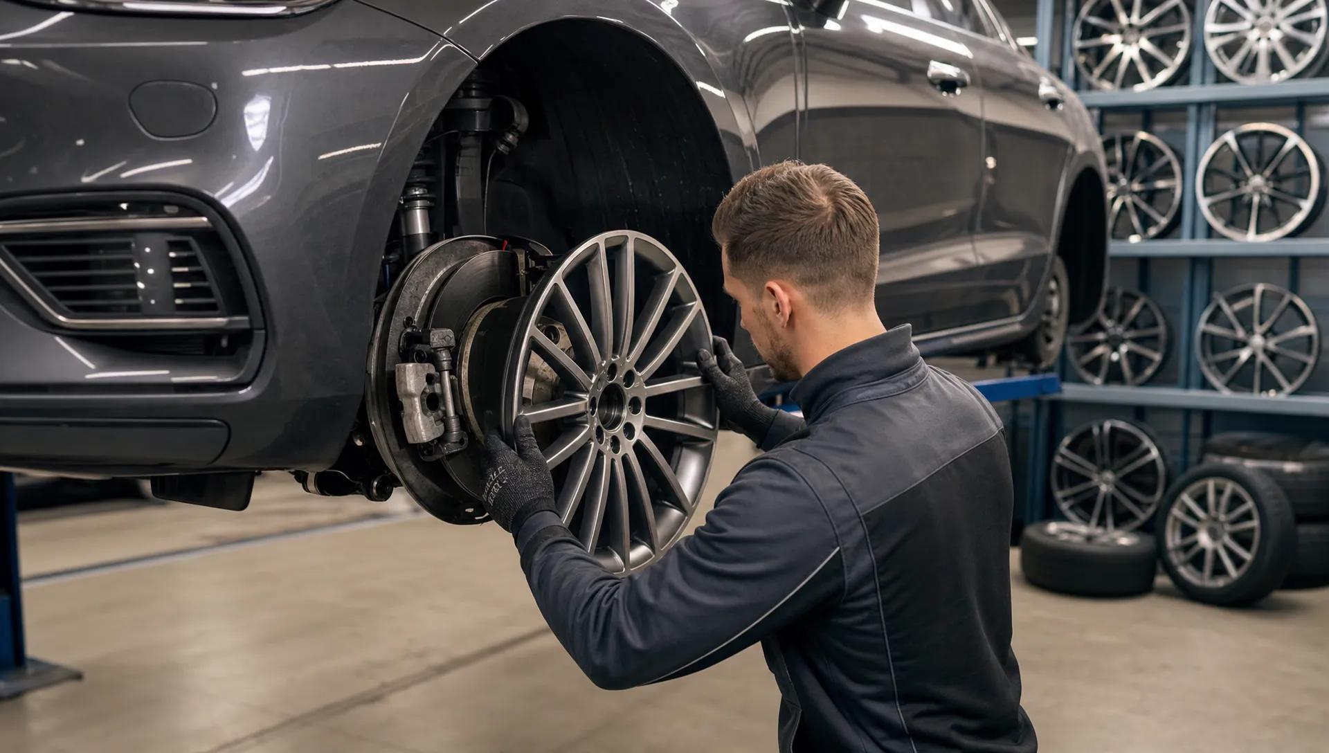 Een auto in een werkplaats met een specialist die de pasvorm van een lichtmetalen velg controleert bij de wielnaaf en remklauw, met meerdere velgensets op de achtergrond.