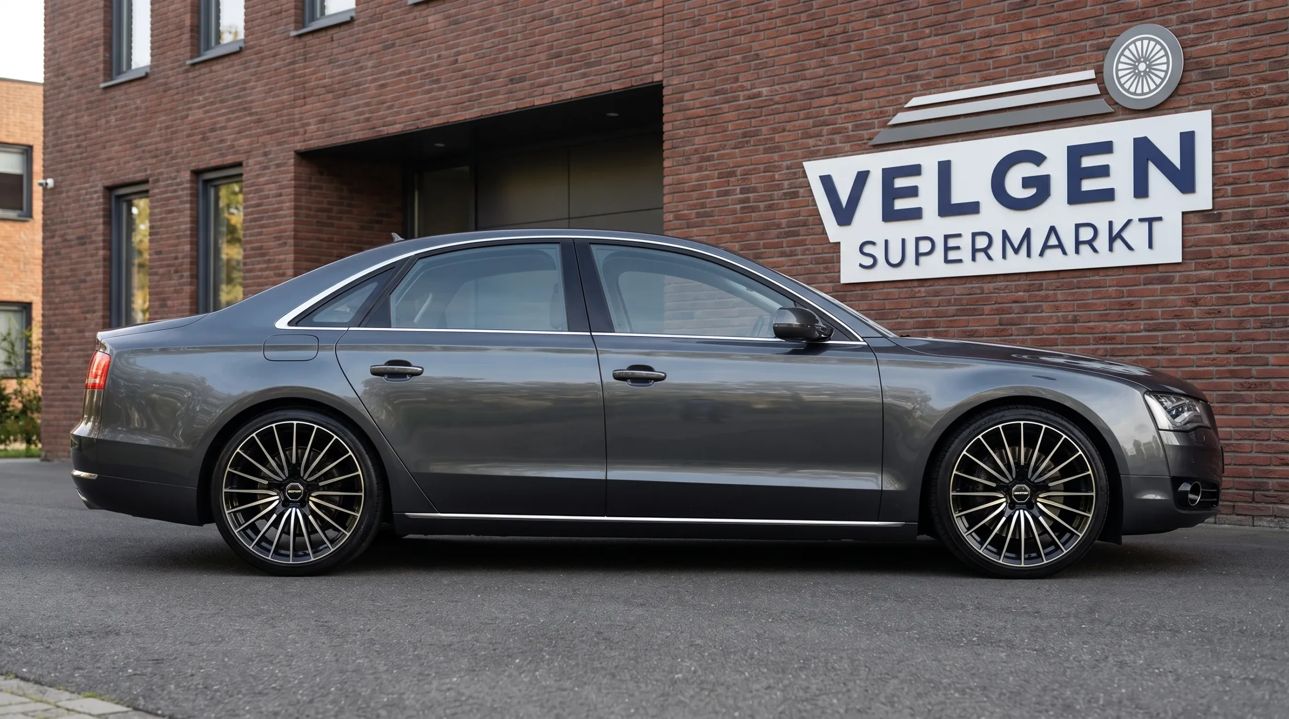 Een auto in zijaanzicht toont zwarte gepolijste GMP-velgen en de verhouding tussen velgmaat en wielkast.