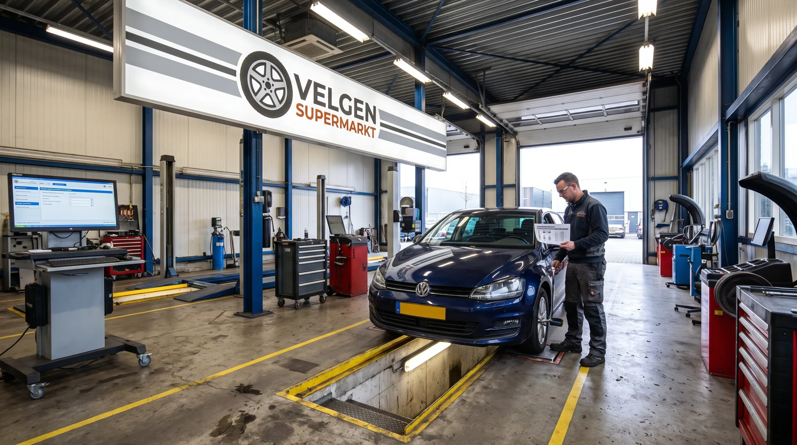 Een auto wordt in een keuringsruimte gecontroleerd op passende velgen, terwijl een technicus de wielpositie en voertuiggegevens bekijkt.