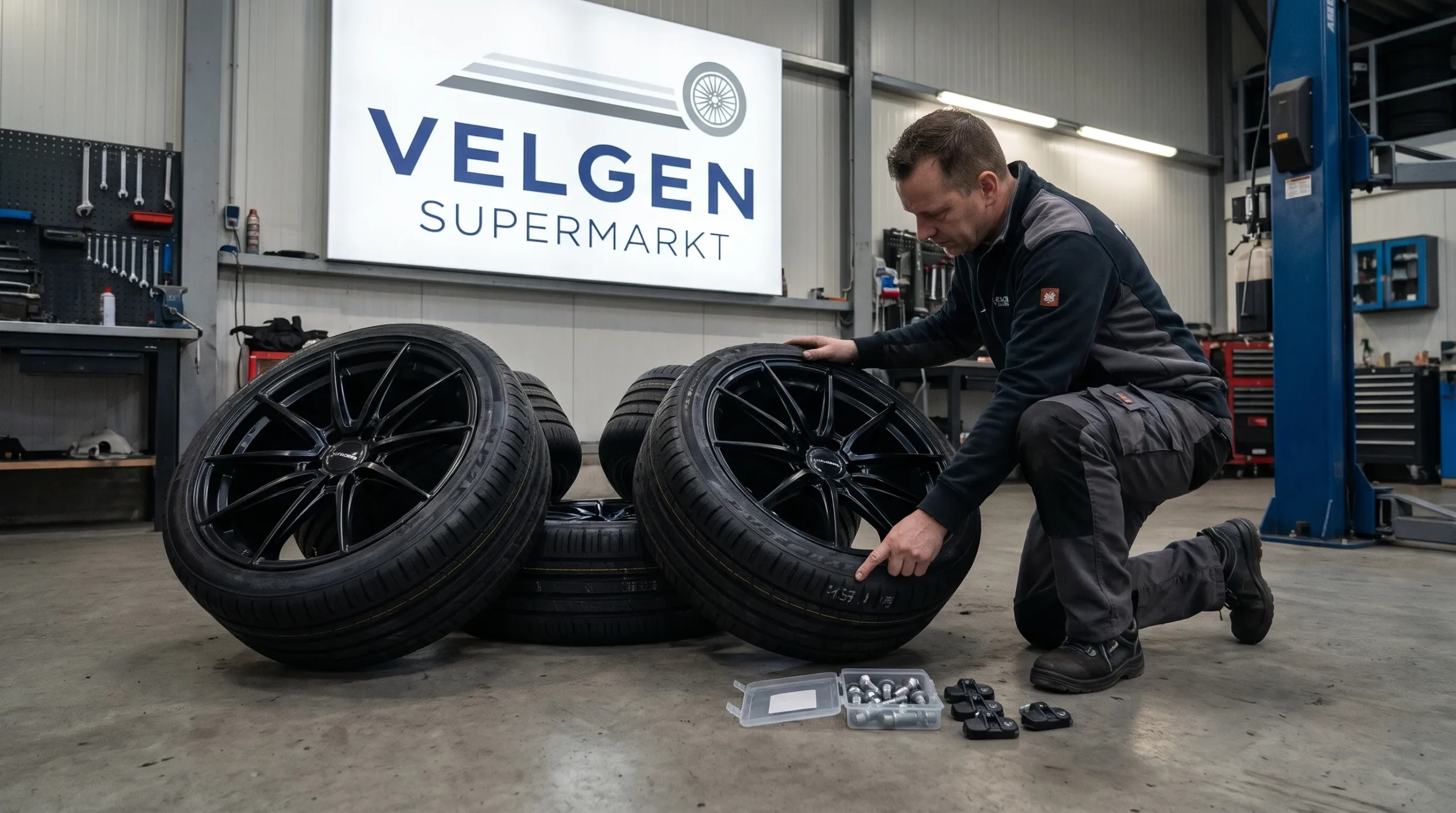 Een bandenspecialist controleert de bandenmaten van vier complete wielsets, met wielbouten en TPMS-sensoren bij de hand.