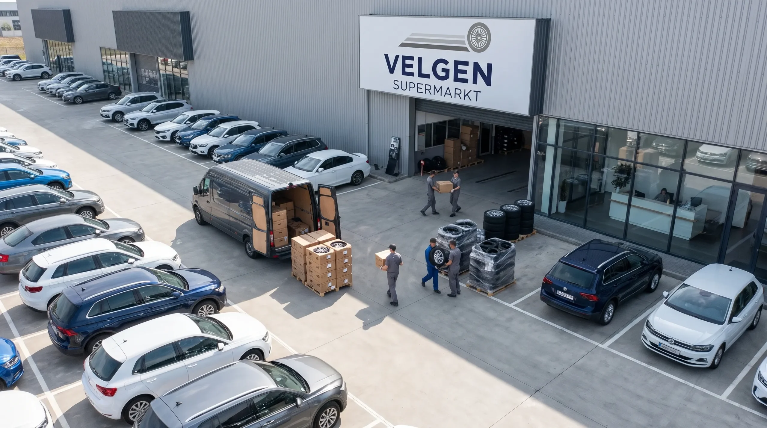 Een bestelbus levert complete wiel- en bandensets af bij een servicebedrijf waar auto’s klaarstaan voor onderhoud.