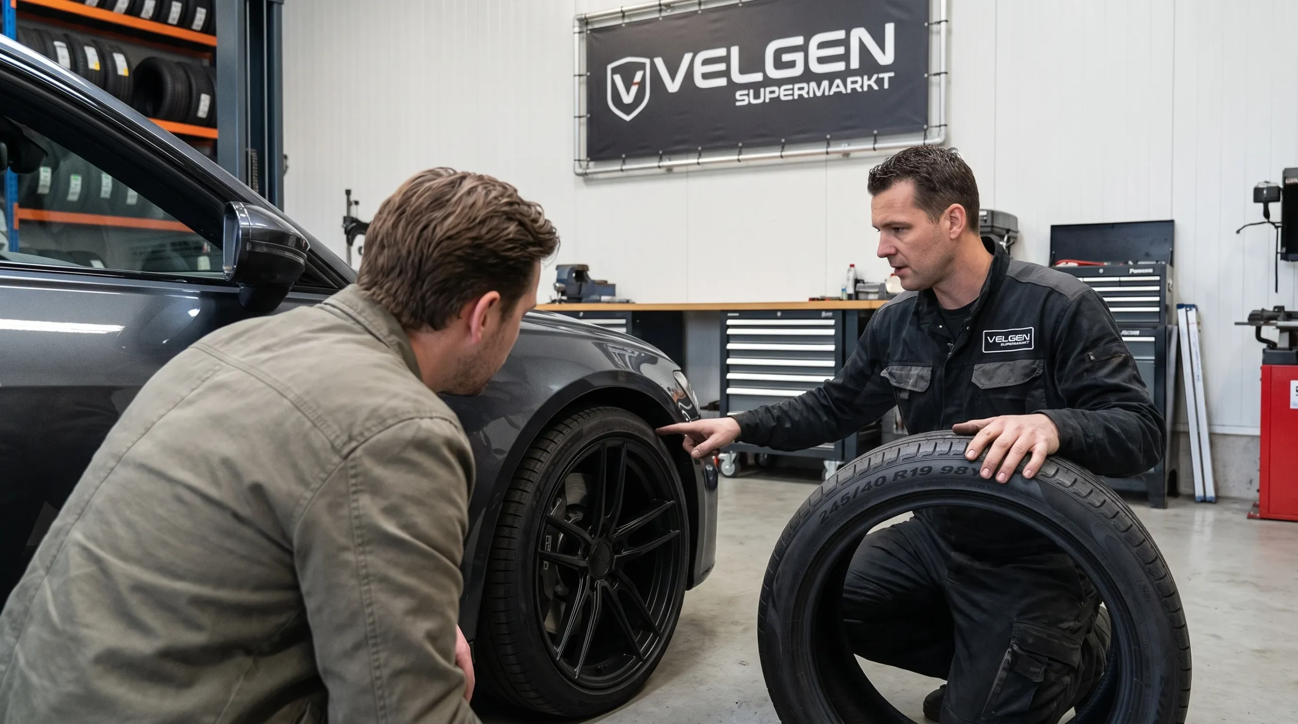 Een bestuurder bespreekt met een wielspecialist de matzwarte velg en de bandenmaat naast de auto.