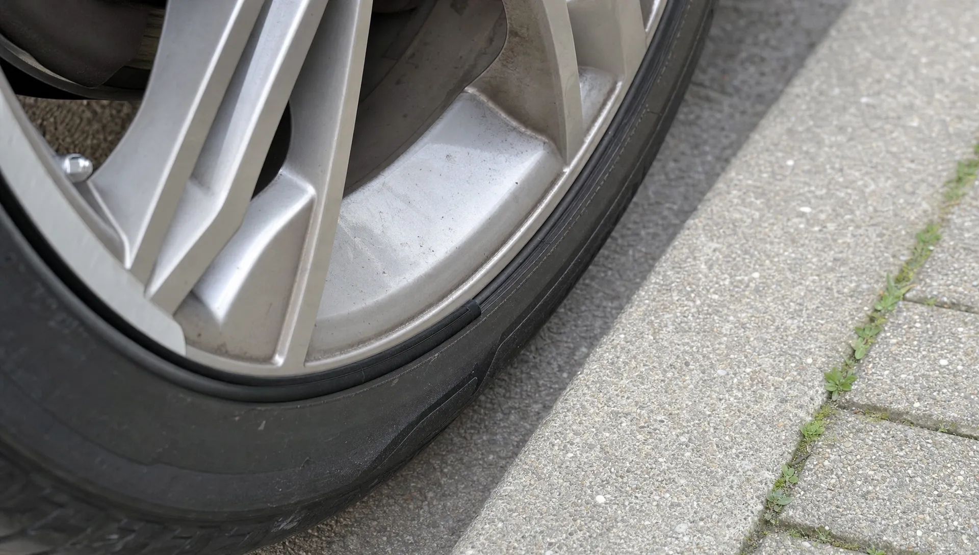 Een close-up van een lichtmetalen velg naast een stoeprand, met zichtbare bandwang en randbescherming tegen vuil en lichte stoeprandschade.