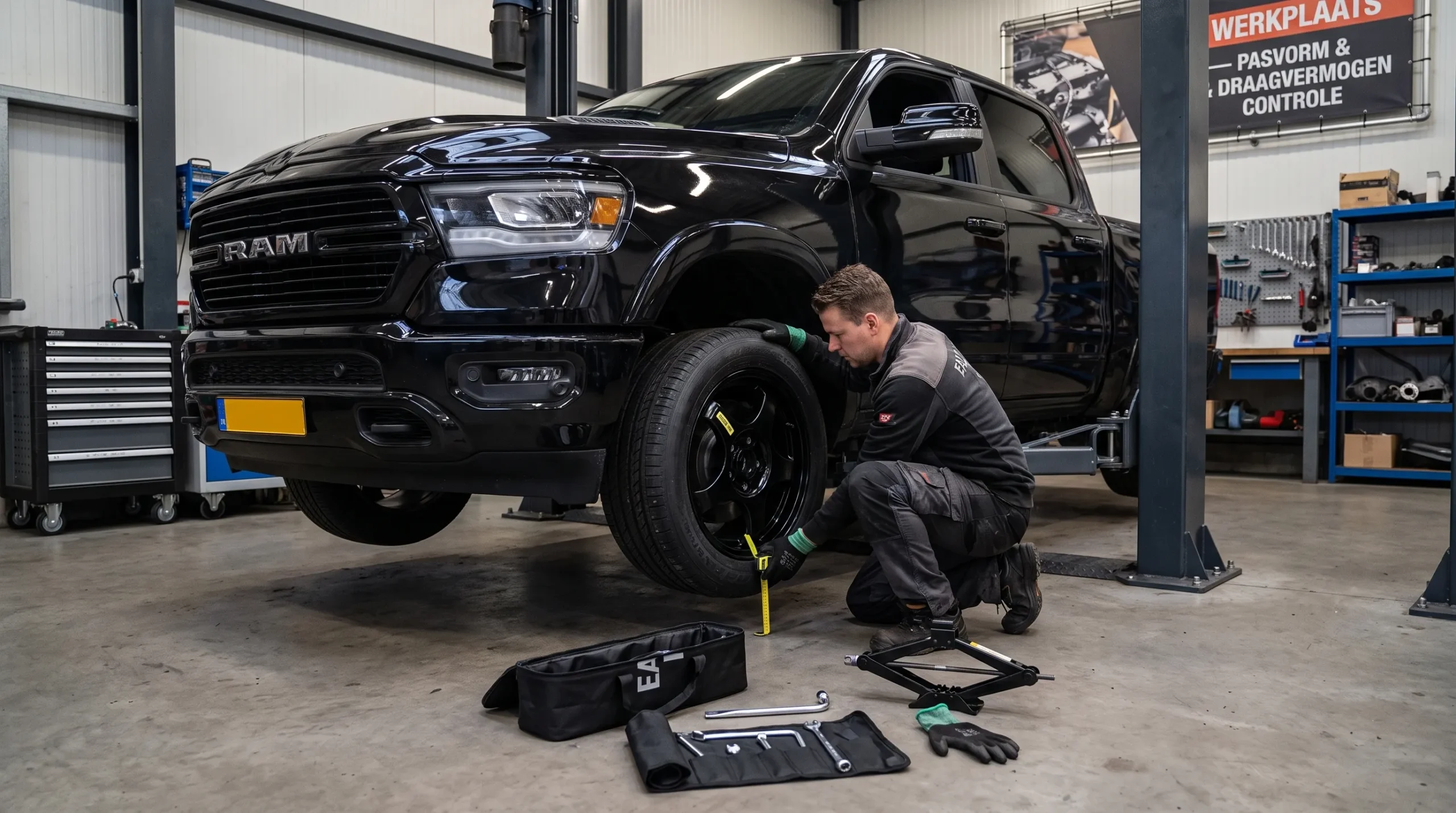 Een Dodge Ram staat op de werkplaatsvloer naast een los lichtmetalen wiel terwijl een specialist de pasvorm en draagvermogen controleert.