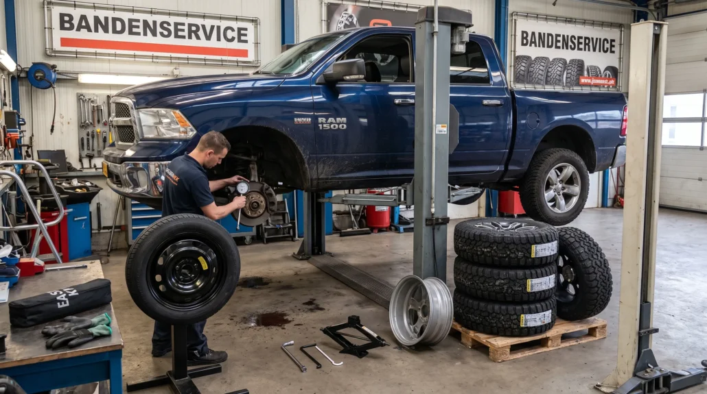 Een Dodge Ram staat op een brug in de werkplaats terwijl een wielset en meetgereedschap klaarstaan voor controle.