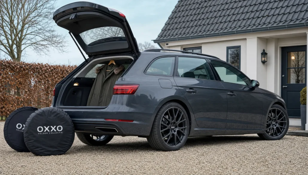 Een gezinsauto bij huis met OXXO-velgen zichtbaar, een open kofferbak en spullen voor seizoenswissel naast de auto.