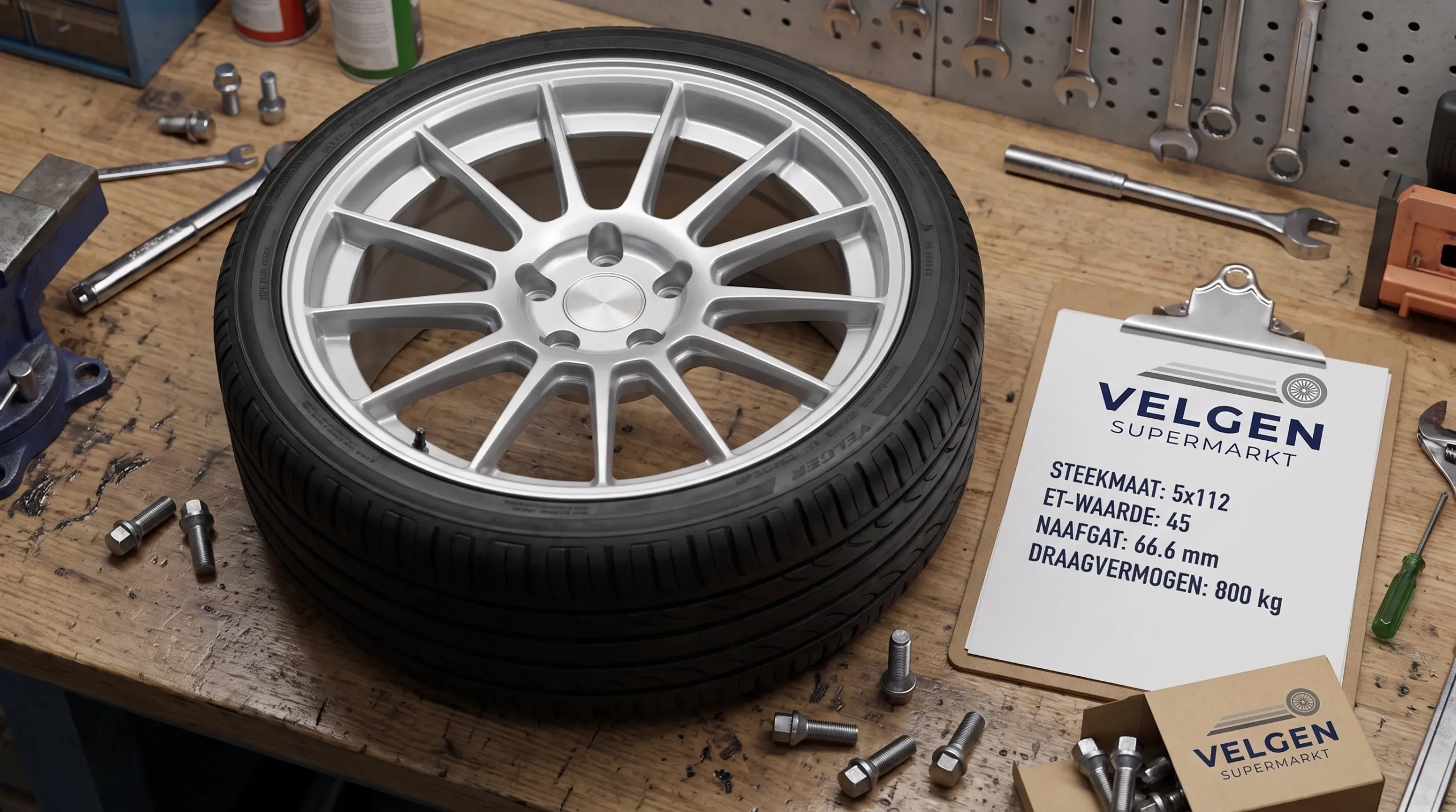 Een losse aluminium velg met band en wielbouten op een werkbank, naast technische gegevens over steekmaat, ET-waarde, naafgat en draagvermogen.