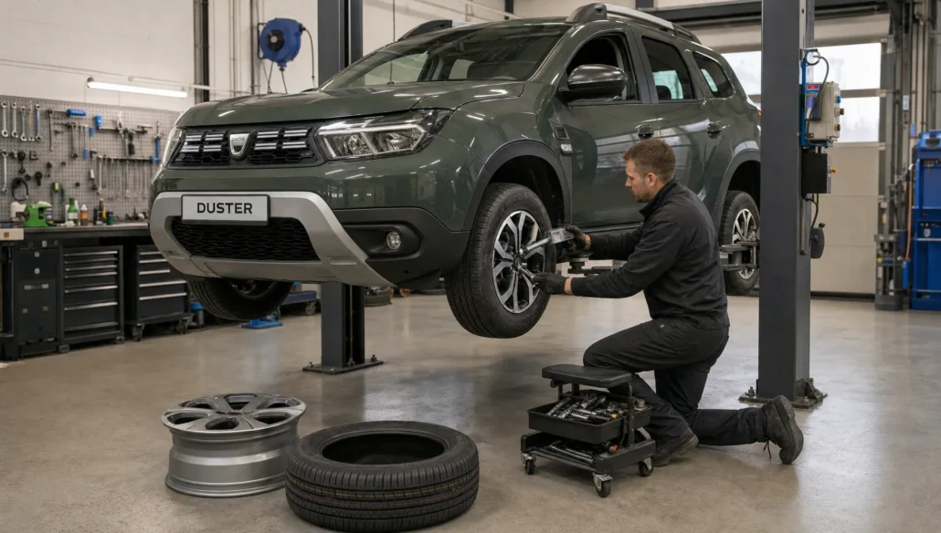 Een monteur controleert de pasvorm van Dacia Duster-velgen in de werkplaats voordat de auto de weg op gaat.