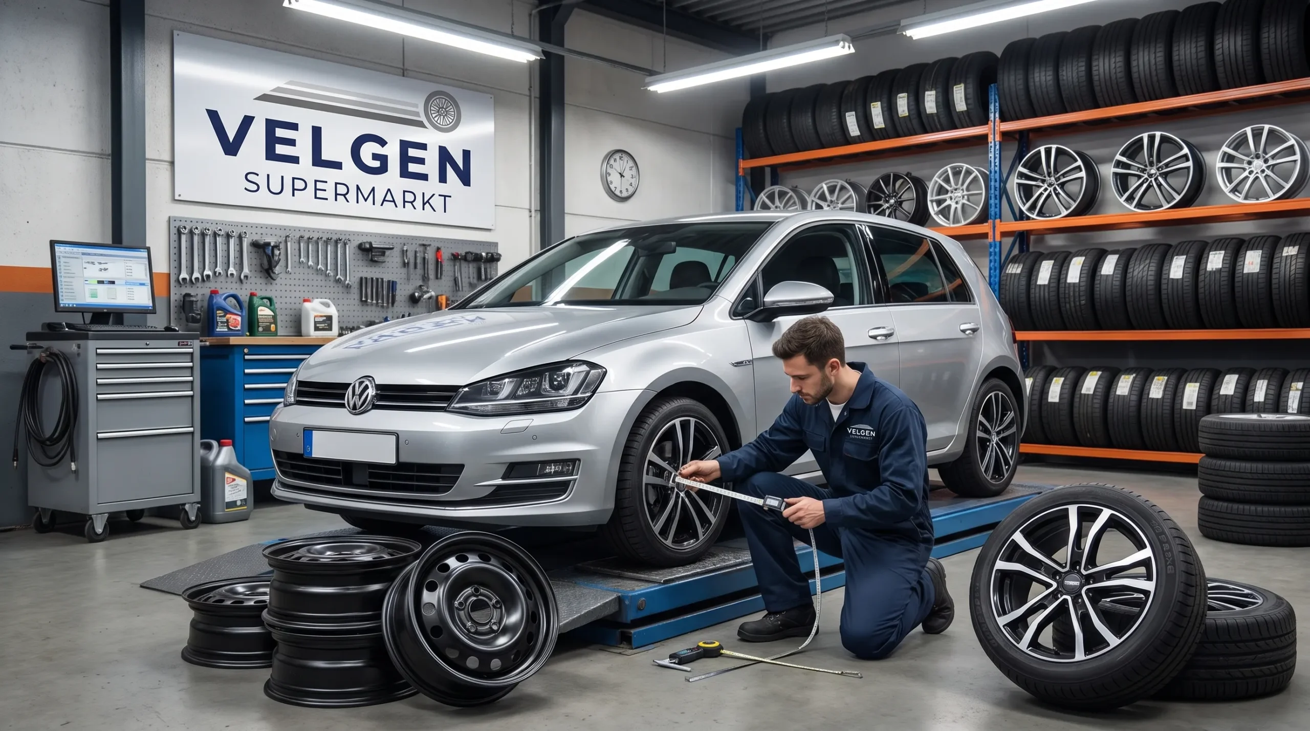 Een monteur controleert een wielmaat naast een auto in de werkplaats, met stalen velgen, lichtmetalen velgen en complete wielsets op de achtergrond.
