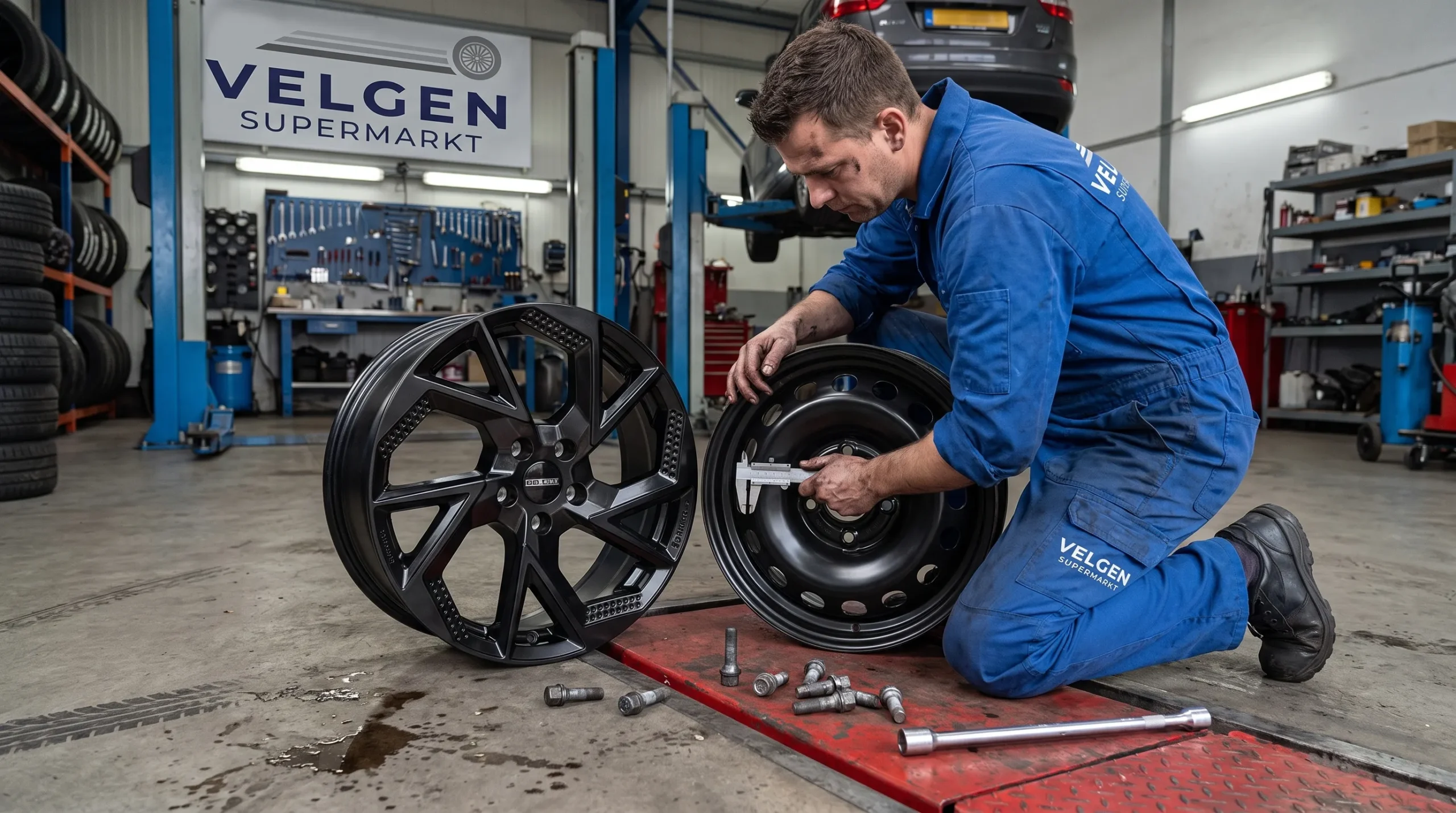 Een monteur vergelijkt een stalen velg en een lichtmetalen velg op de werkvloer met een schuifmaat en wielbouten om de maat en bevestiging te controleren.