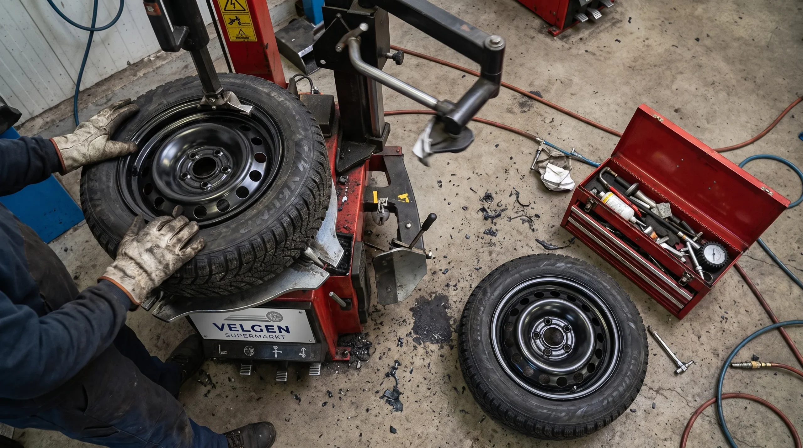 Een monteur zet een winterband op een stalen velg met een bandenmachine in de werkplaats.