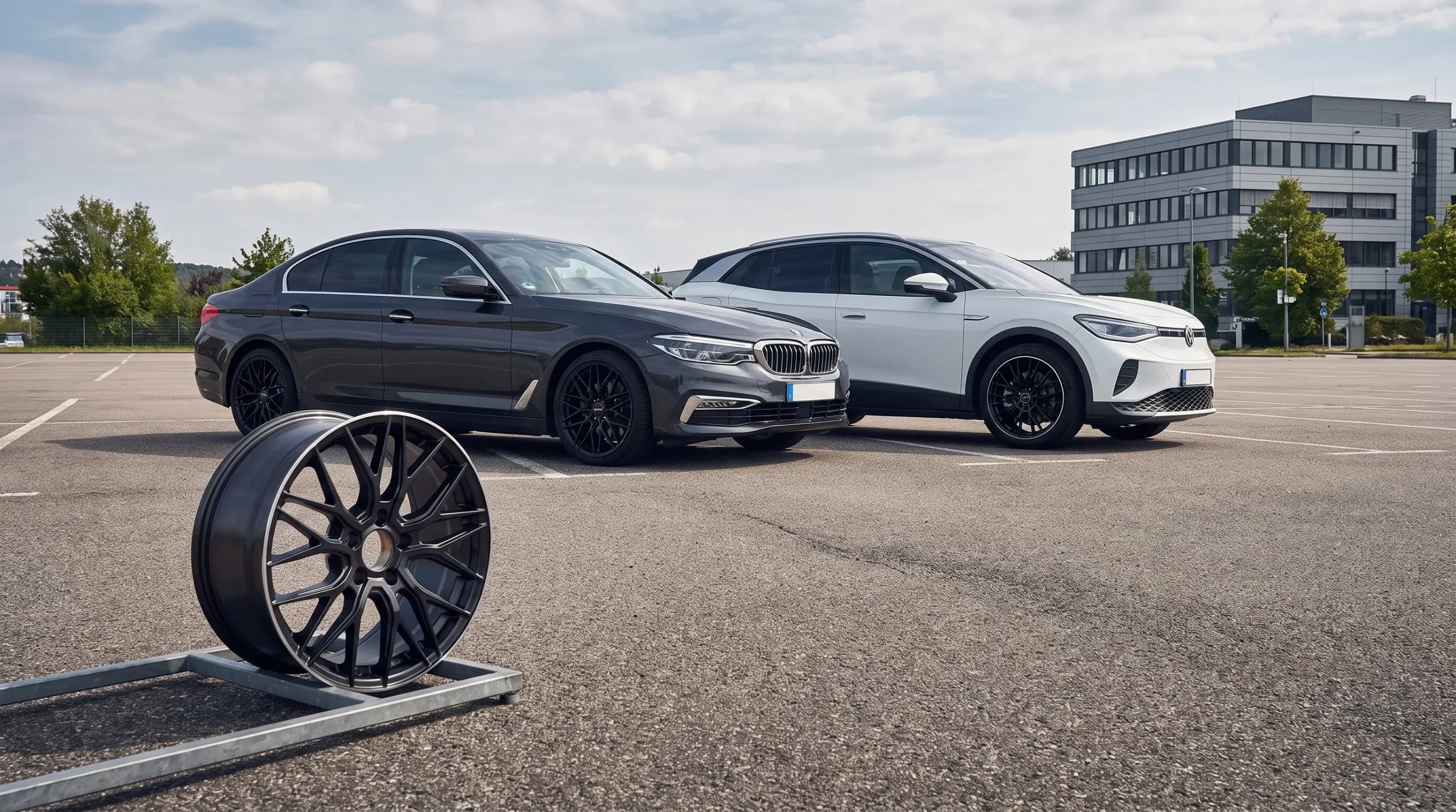 Een sedan en elektrische SUV met verschillende AEZ-velgen staan naast een losse velg met zichtbare naafopening.