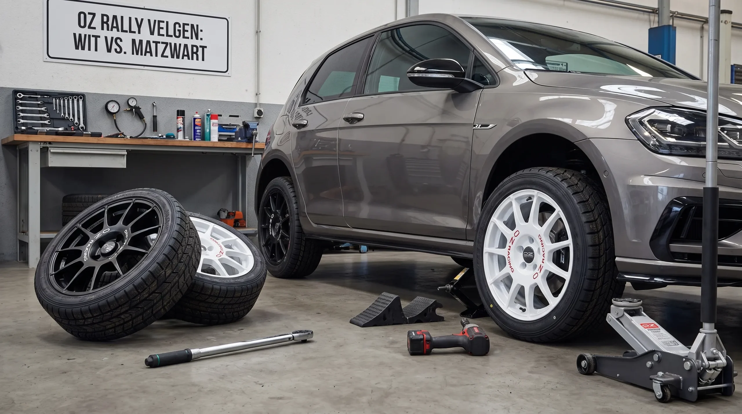 Een sportieve compacte auto staat naast een losse witte rallyvelg en een losse matzwarte velg, met banden en montagegereedschap op de achtergrond als vergelijking van OZ-stijl en pasvorm.