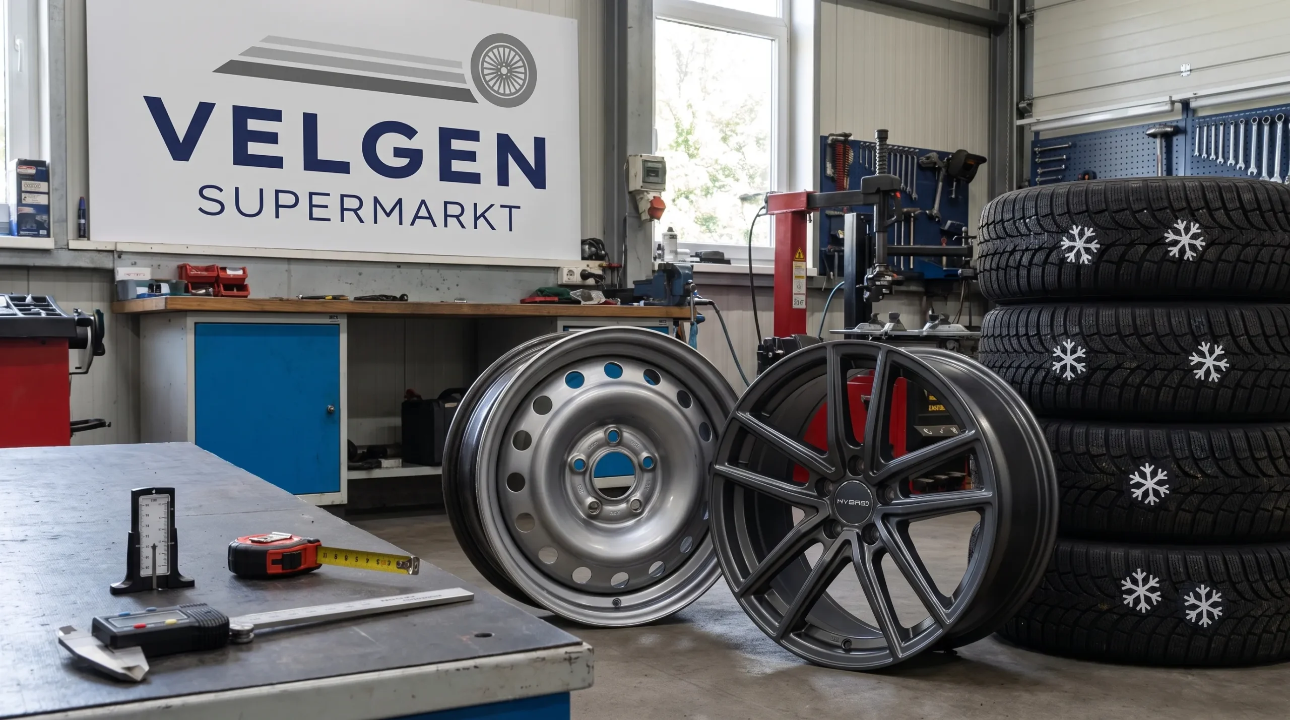 Een stalen wiel en een antracietkleurige hybridvelg staan naast winterbanden met een zichtbaar sneeuwvloksymbool in de werkplaats; meetgereedschap ligt klaar voor controle van de wielmaten.