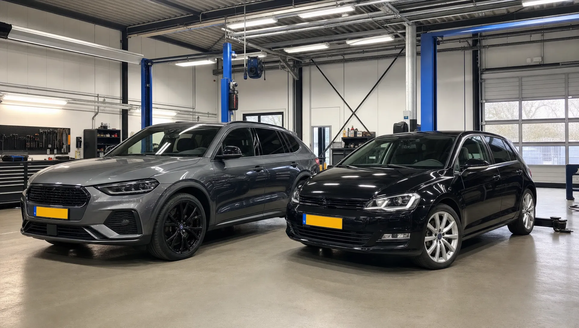 Een SUV met donkere lichtmetalen velgen staat naast een personenauto met zilveren velgen in de werkplaats.