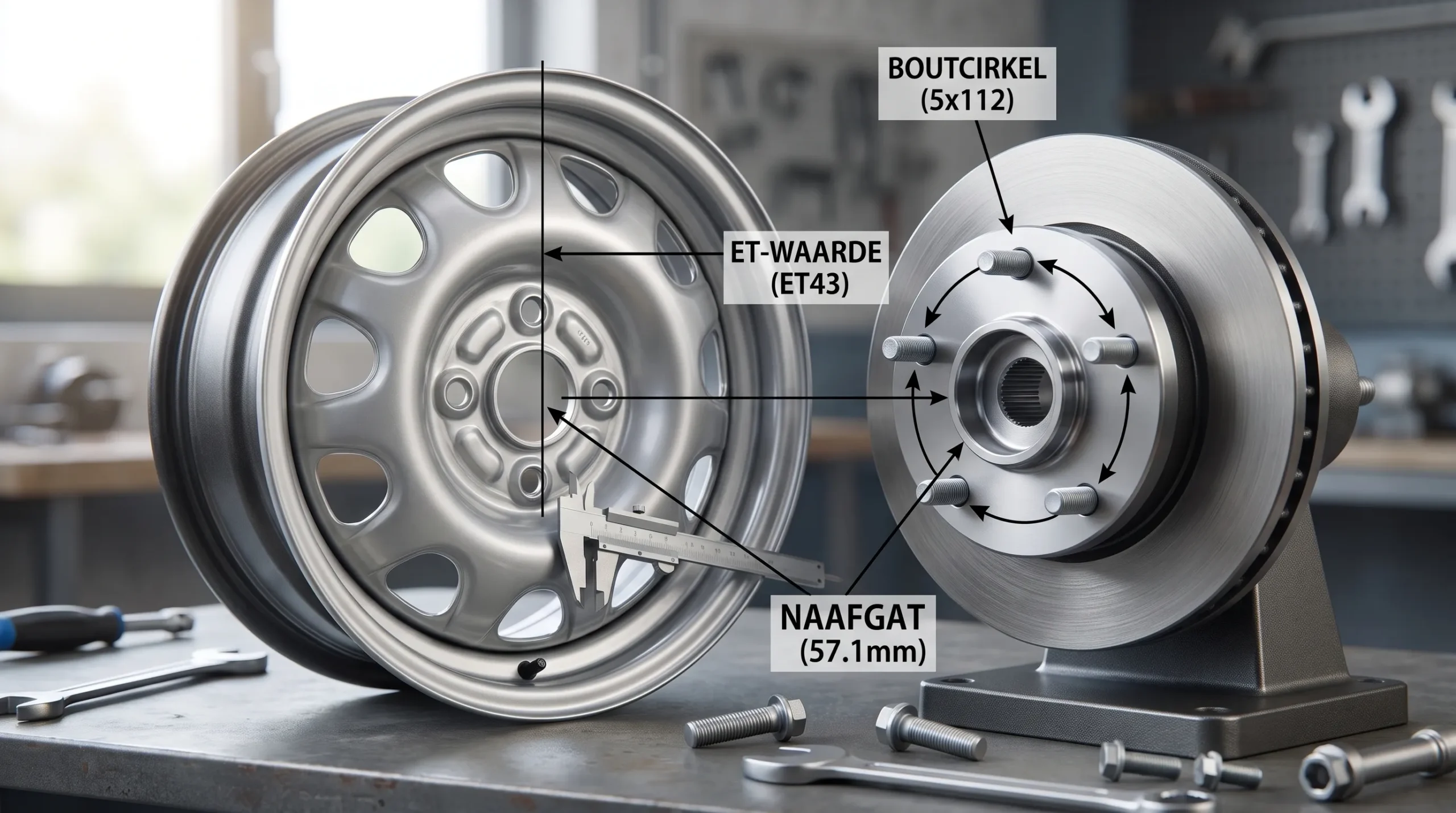 Een vijfgaats wielnaaf naast een lichtmetalen velg laat zien hoe boutcirkel, ET-waarde en naafgat samen de pasvorm bepalen.