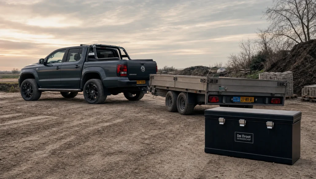 Een Volkswagen Amarok staat op een open terrein naast een trailer en laat het gebruik als werkauto zien.
