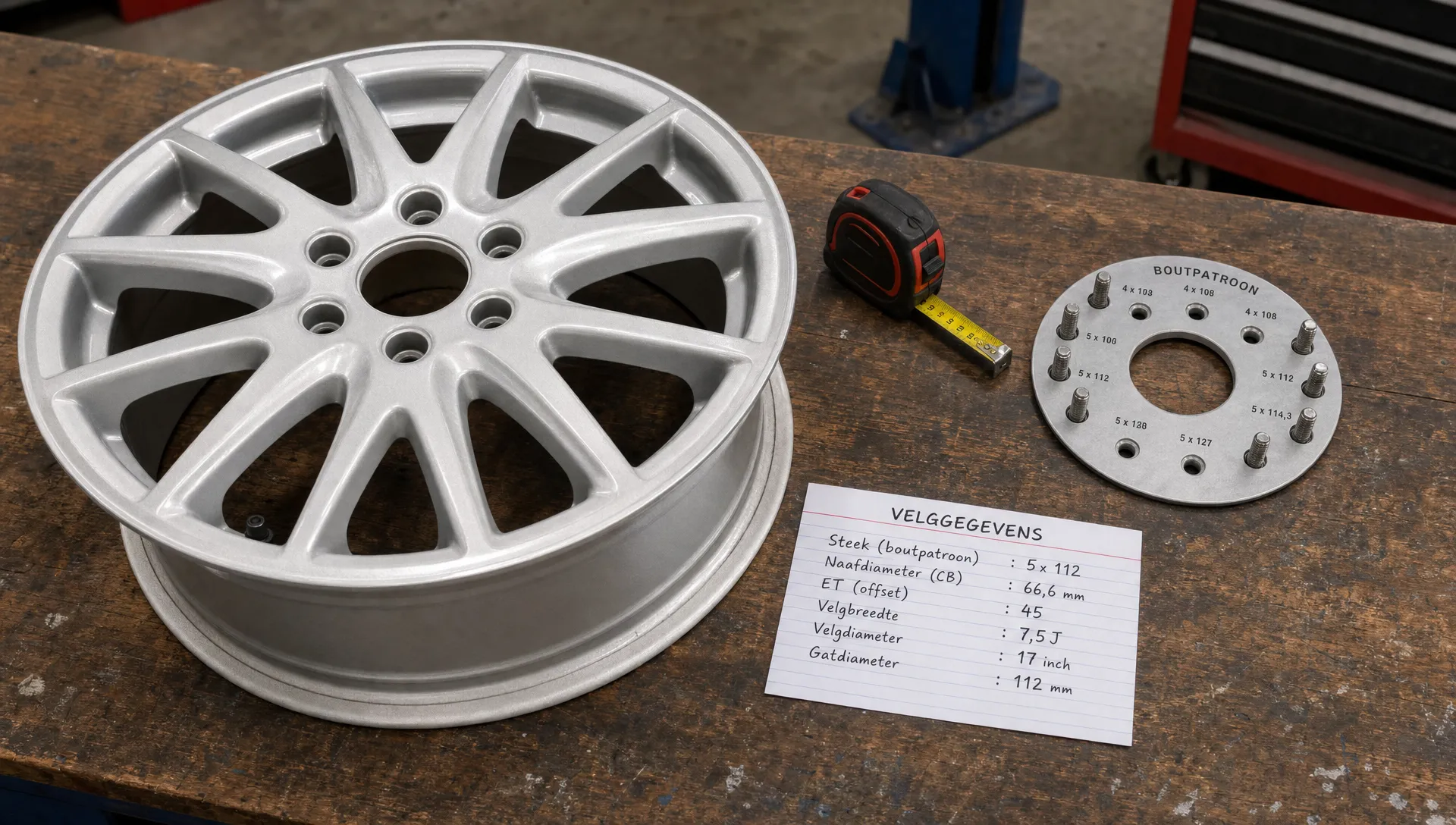 Een werkbank met een lichtmetalen velg, meetlint, boutpatroonmal en notitiekaart laat de belangrijkste velggegevens zien voor een passende set.