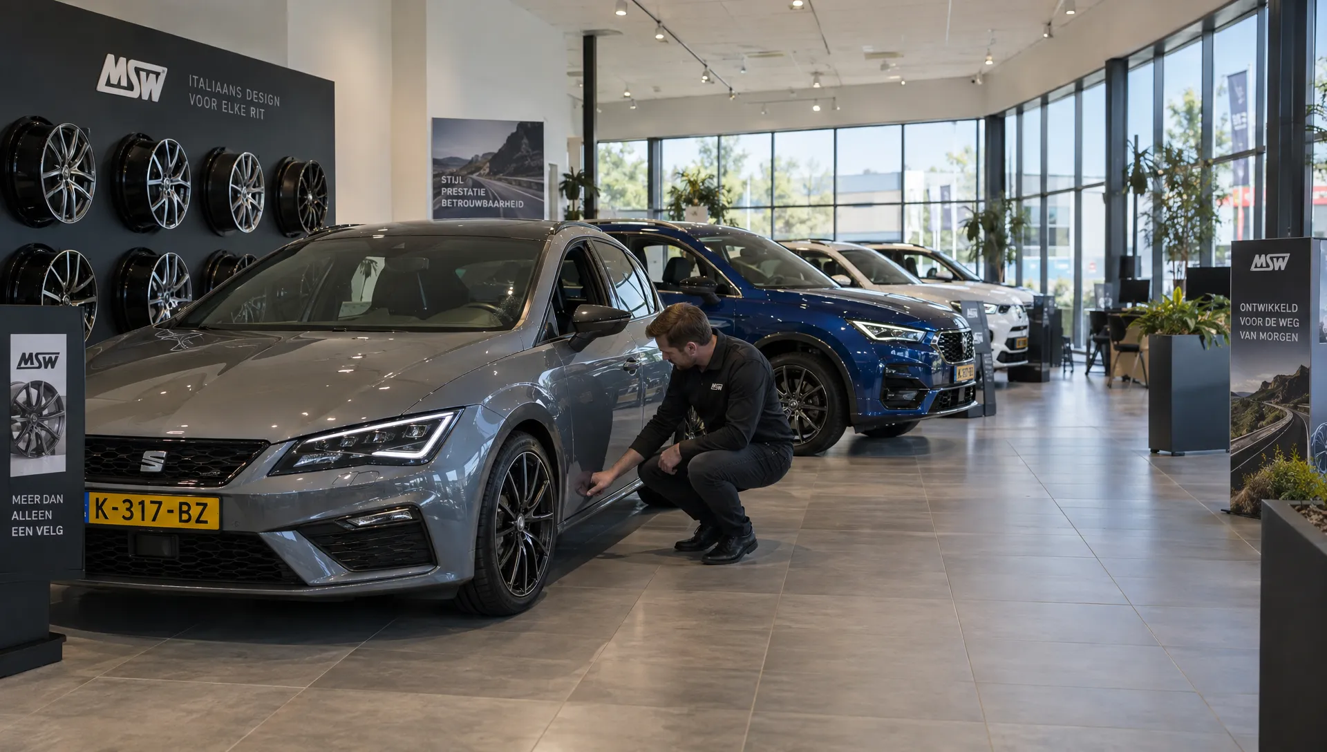 Een wielspecialist bekijkt een gemonteerde MSW-velg in een showroom met auto's op verschillende wielontwerpen.