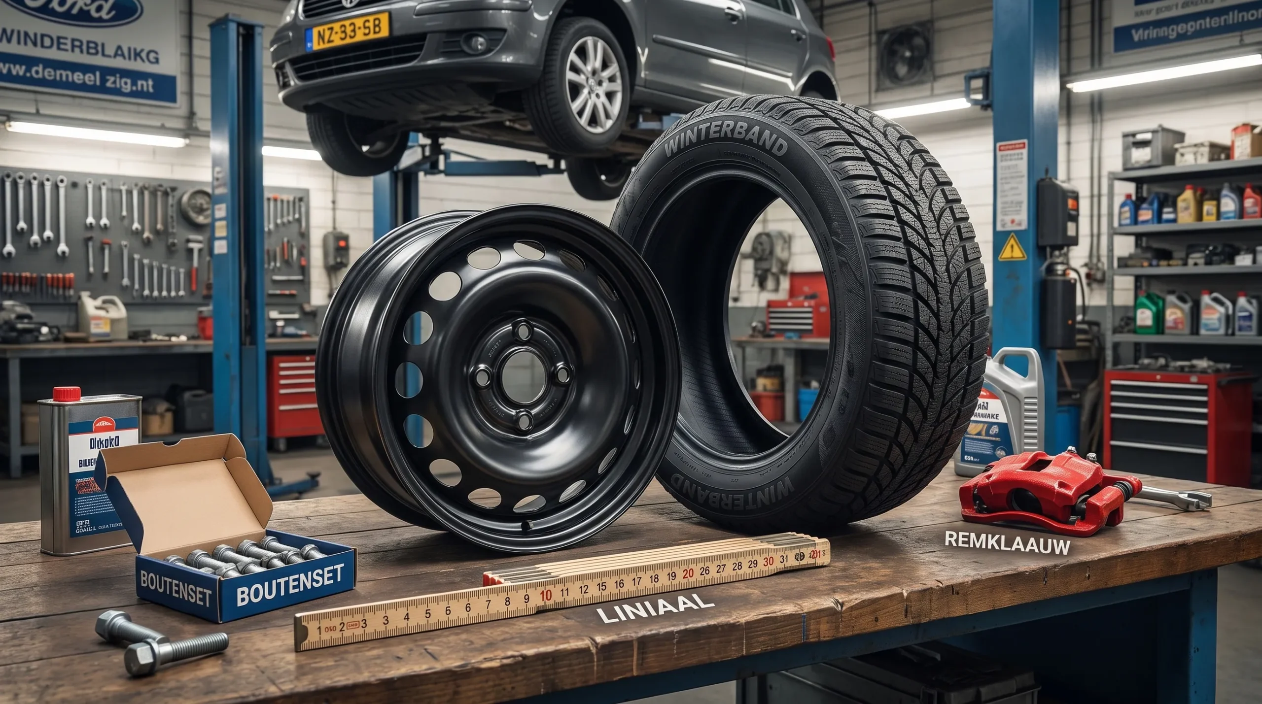 Een zwarte stalen velg naast een winterband op een werkbank, met een meetlat, boutenset en remklauw in de buurt terwijl op de achtergrond een auto op de hefbrug staat.