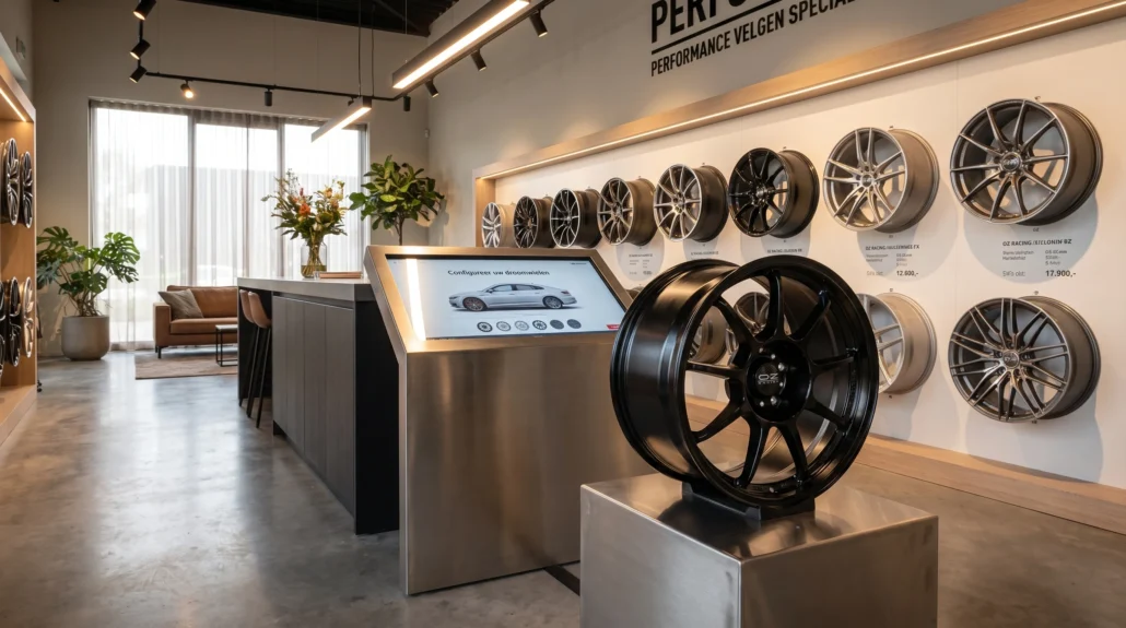 In een velgenshowroom staat een multispoke velg op een sokkel naast een configuratorscherm, wat de keuze voor OZ Superturismo concreet maakt.