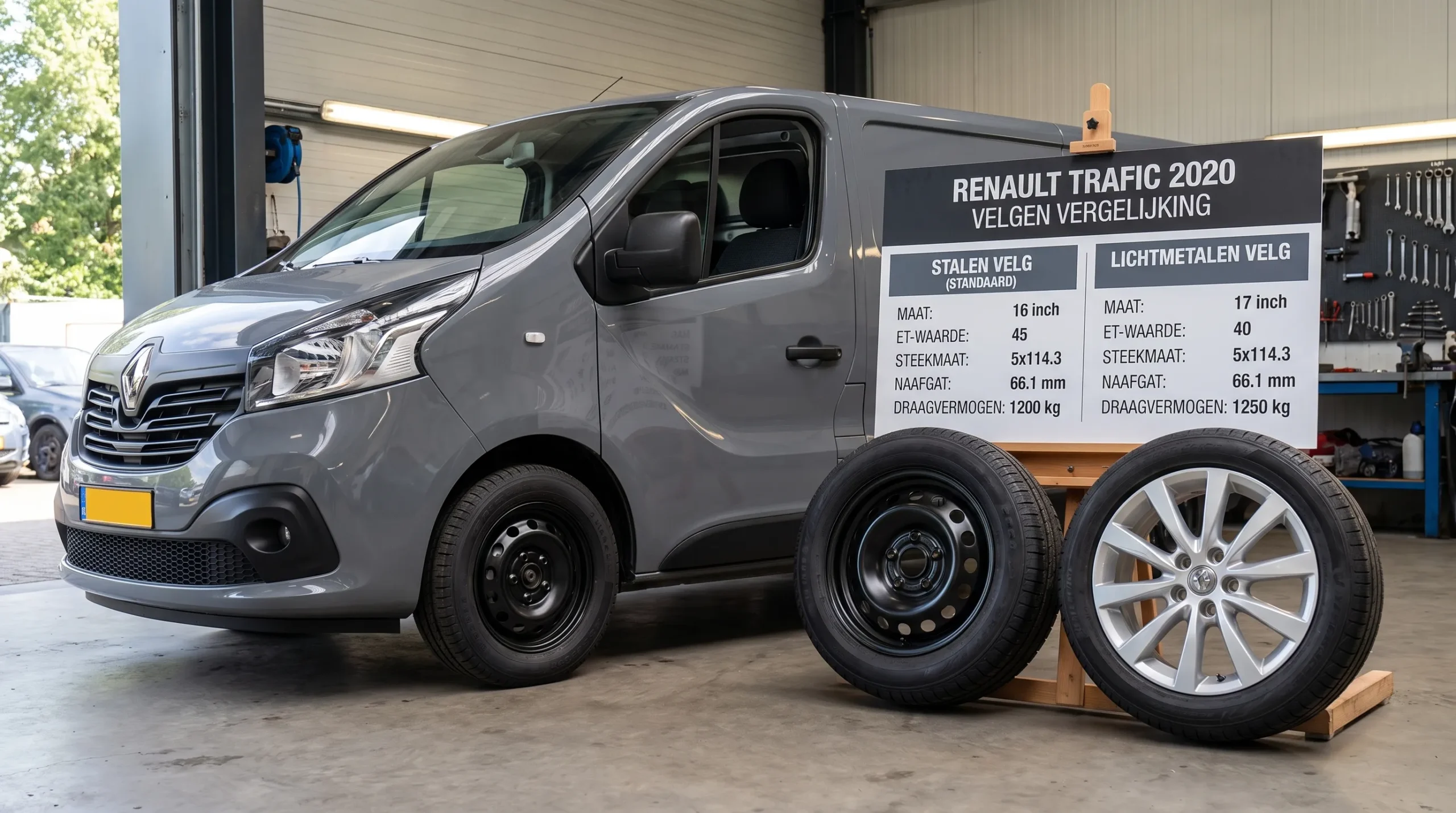 Overzicht van een Renault Trafic uit 2020 met stalen en lichtmetalen velgen naast de bus, zodat maat, ET-waarde, steekmaat, naafgat en draagvermogen duidelijk worden vergeleken.