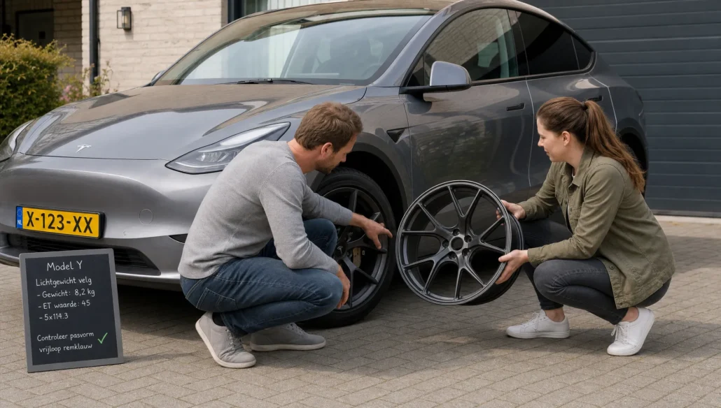 Tesla Model Y met twee volwassenen bij het voorwiel, terwijl een velg wordt vergeleken op pasvorm en ruimte rond de remmen.