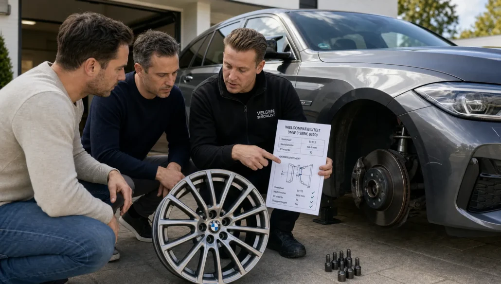 Twee BMW-rijders en een specialist vergelijken een wiel bij de auto om de BMW steekmaat en pasvorm te controleren.