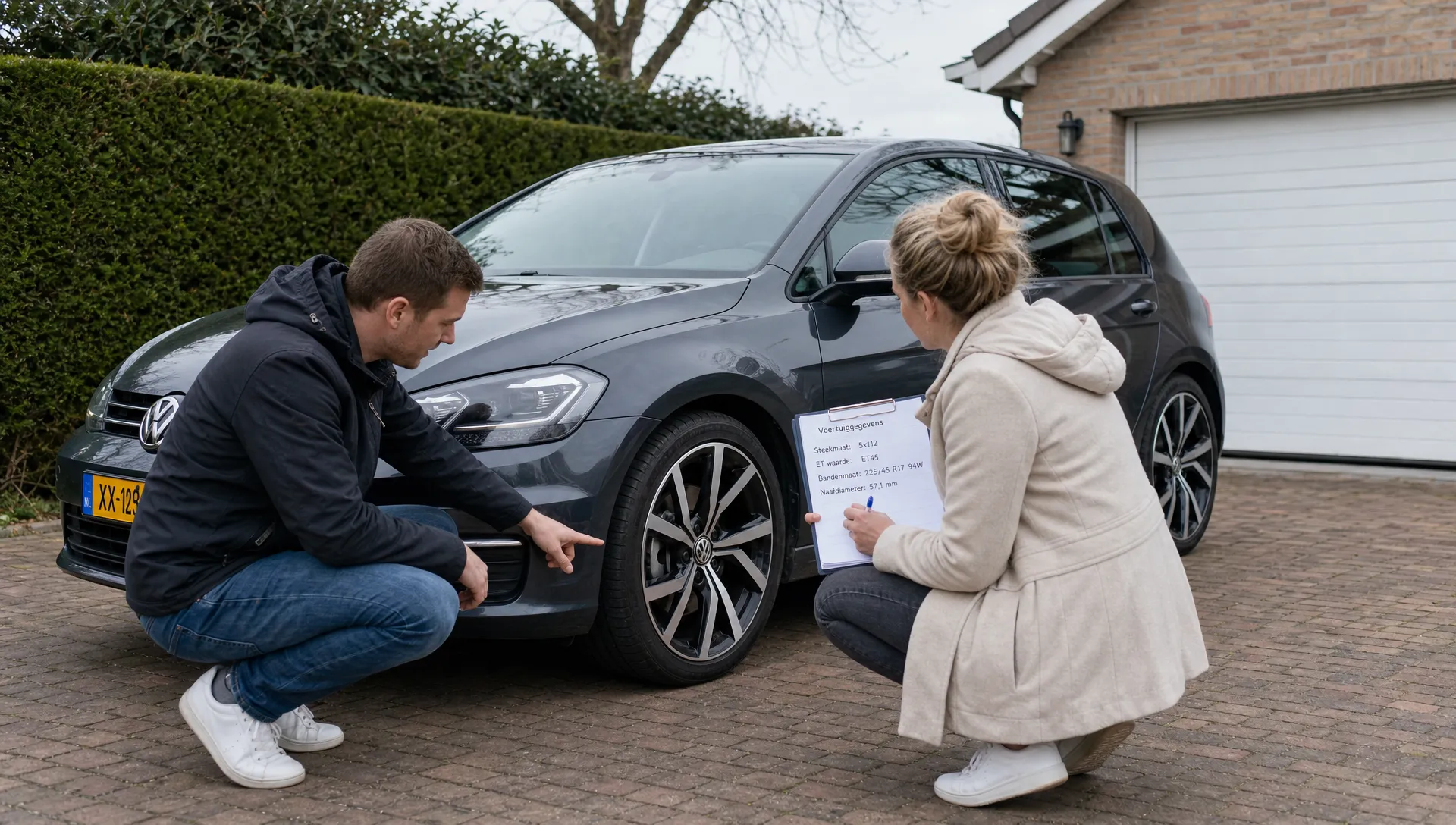 Twee volwassenen controleren bij een auto de wielmaat en voertuiggegevens om zeker te weten dat de set past.