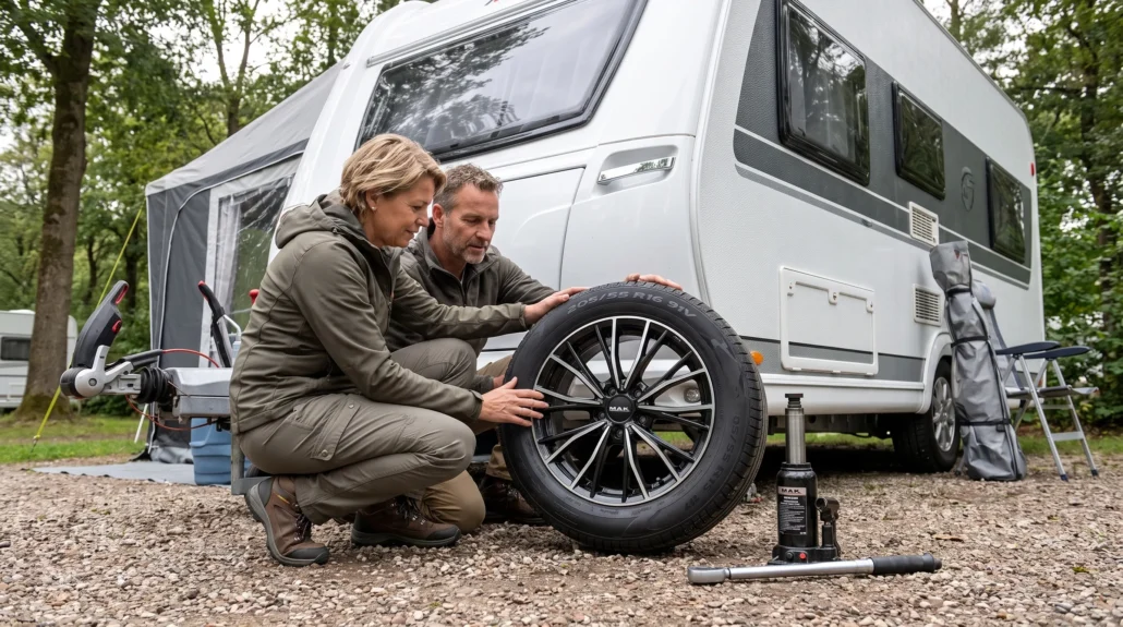 Twee volwassenen controleren het reservewiel van een caravan naast een krik en momentsleutel op een kampeerplaats.