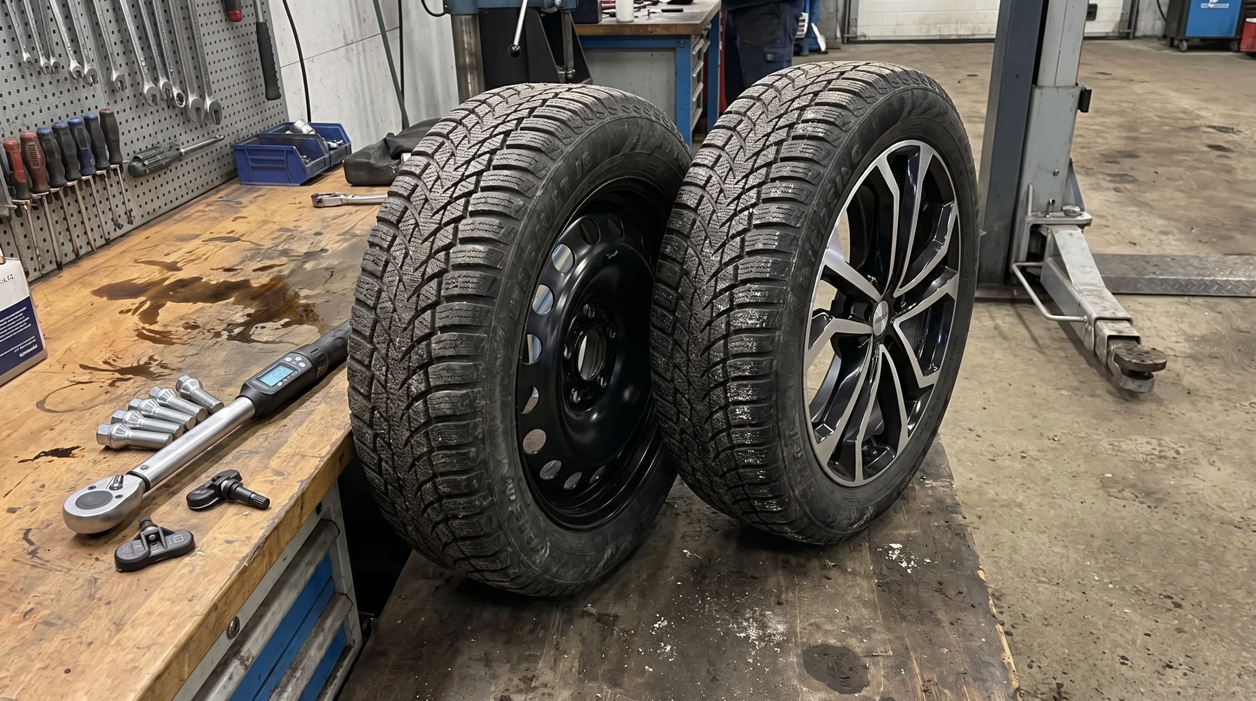 Twee winterwielen staan naast elkaar in een werkplaats: een zwarte stalen velg en een donkere lichtmetalen velg, beide met duidelijk winterprofiel. Wielbouten, een TPMS-sensor en een momentsleutel liggen op de werkbank ernaast.