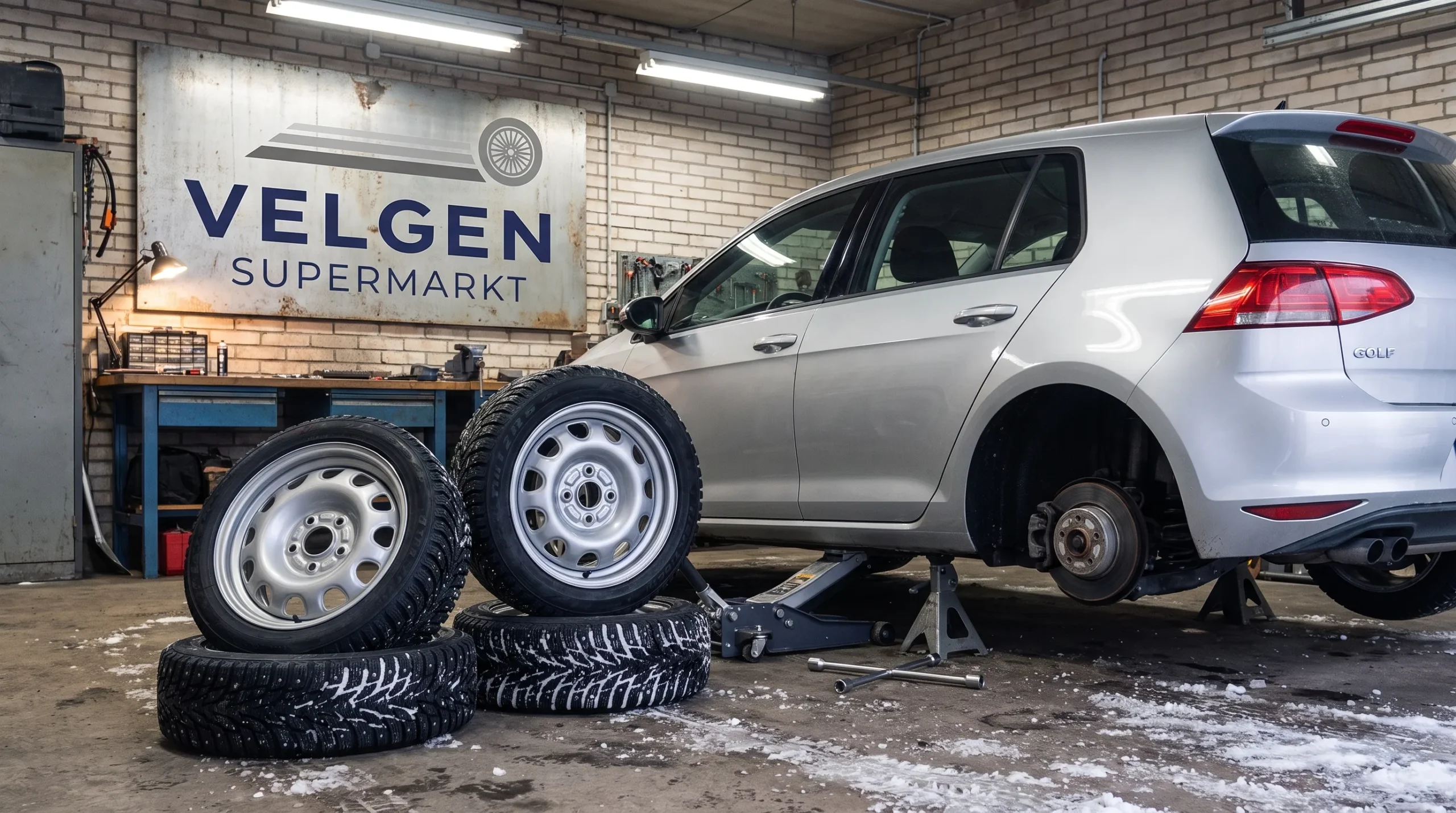 Vier stalen velgen met gemonteerde winterbanden staan naast een personenauto in een garage, met de boutgaten en het bandenprofiel zichtbaar.
