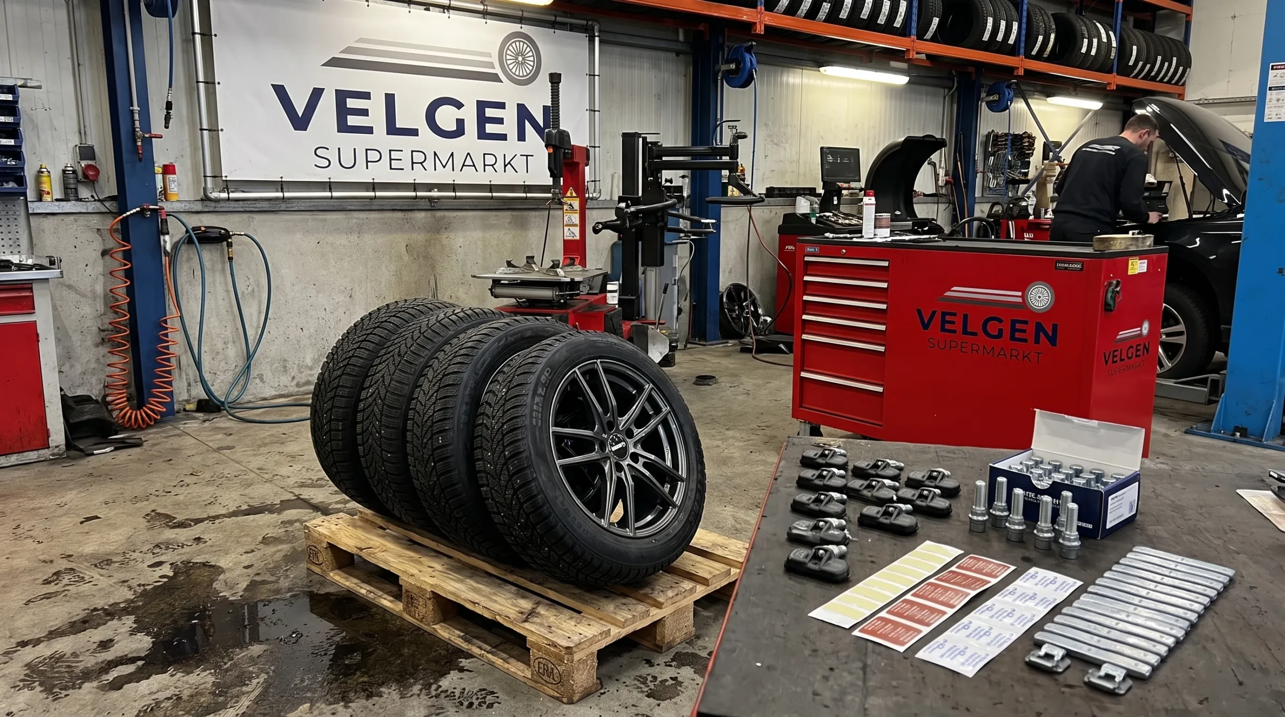 Vier winterbanden zijn in een bandenwerkplaats op velgen gemonteerd; een TPMS-sensor, passende wielbouten en balanceergewichten liggen klaar om de winterset compleet te maken.